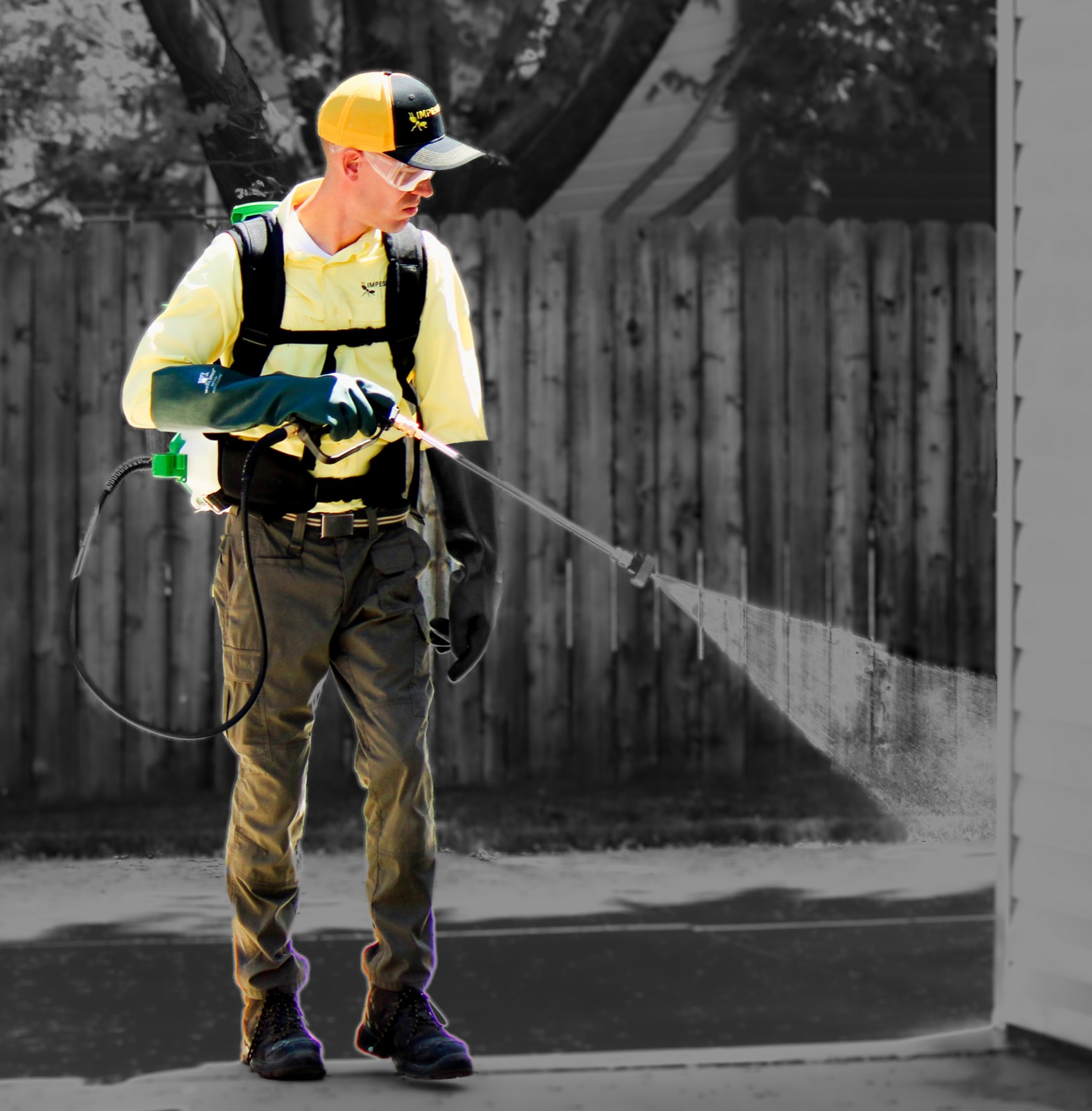 Impestable technician treating a home perimeter